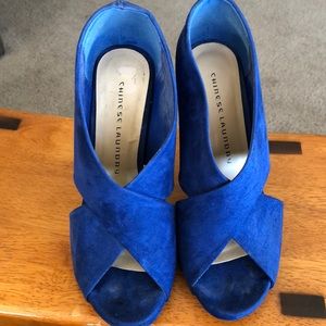 Blue peep toe booties